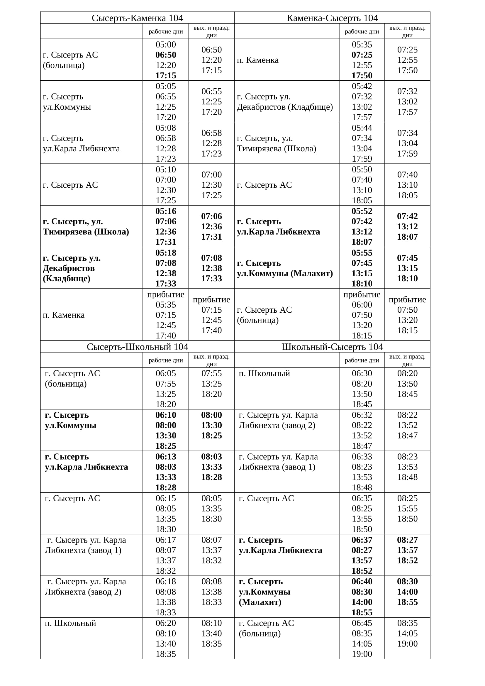 Расписание маршрута №104 Каменка - Школьный | Сысертские Вести