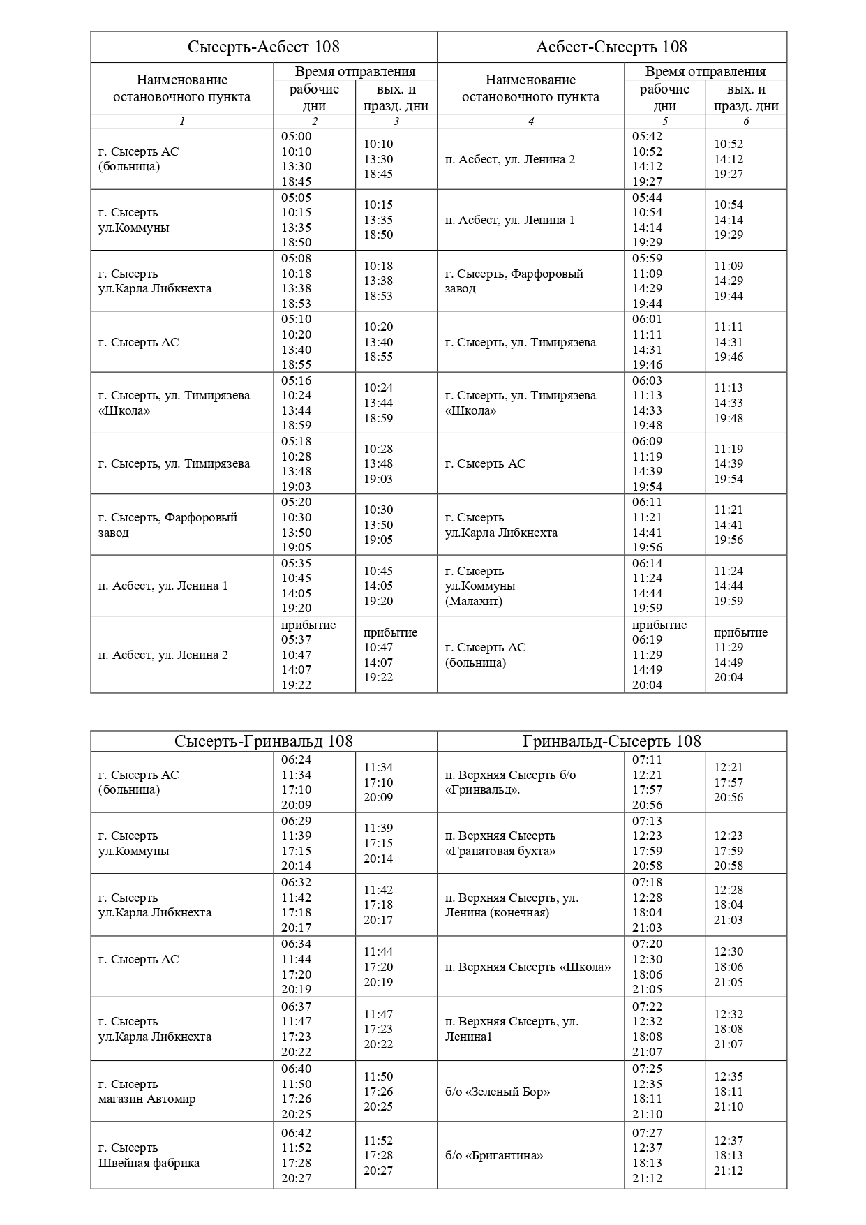 Расписание маршрута №108 Асбест - 