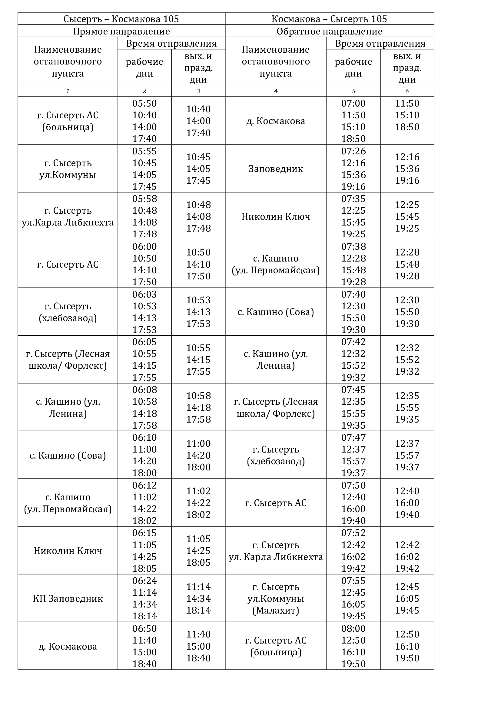 Расписание 105 м